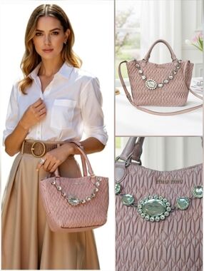 Miu Miu Nappa Matelassé Swarovski Crystal Tote Cammeo Pink EUC ✨